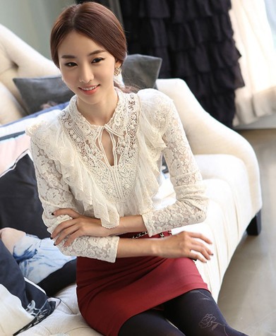 Free Shipping High Quality Graceful OL Style Pearl Hollow-out Lace Blouse M/L/XL