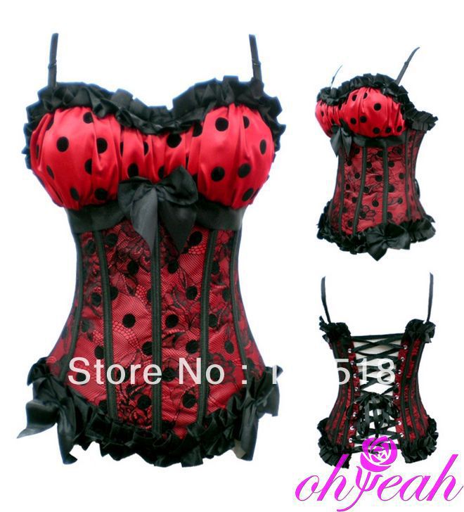 Free shipping--high quality lace strapped dot corsets red top lingeries A2796 S,M,L,XL Ohyeah Lingeries