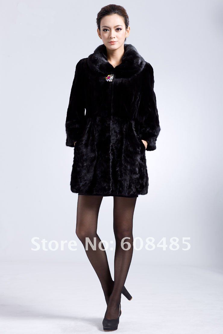 Free shipping high quality lady's genuine Rex Rabbit velvet and mink splicing long section of mink coat black