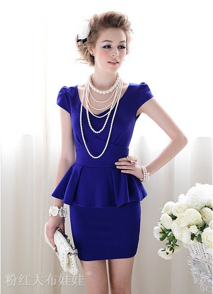 Free Shipping High Quality OL Style Vogue Slim Short Sleeves Dress Blue, Summer Women's Dresses