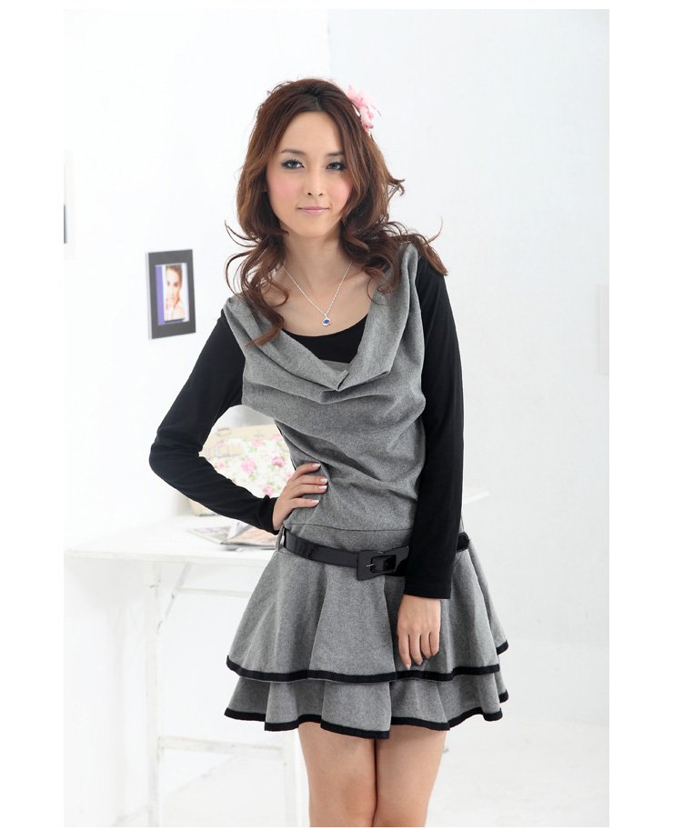 Free Shipping High Quality ruffle long sleeve fake two piece casual dress Wholesale&Retail