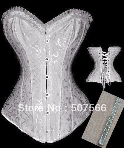 Free Shipping High Quality  White/Black Steel Boned Gorgeous Gothic Sexy Bustier/Corset /Sexy Lingerie +G String./Size S-XXL