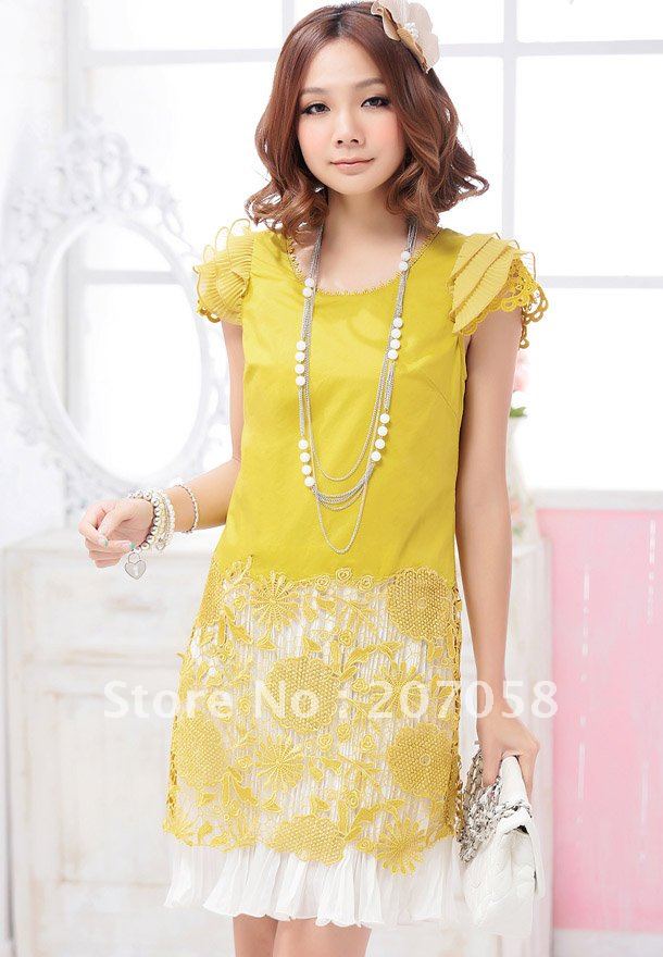 Free shipping high quality  women's plus size cutout lace decoration chiffon fashion dress q2353 L XL 2XL 3XL