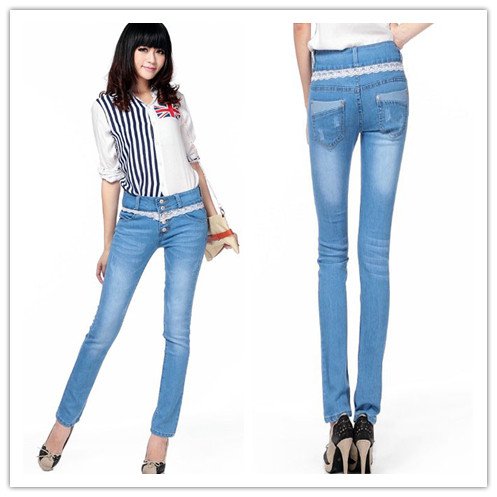 Free Shipping High Waist Lace Ornament Jeans Light Blue Pencil Fashion Women Jean