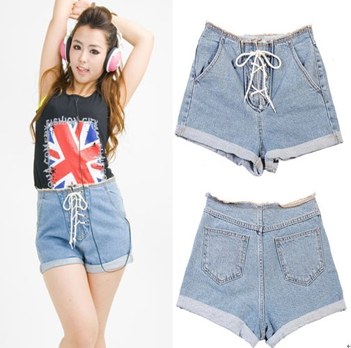 Free Shipping High waist lacing vintage roll up hem denim shorts 9964