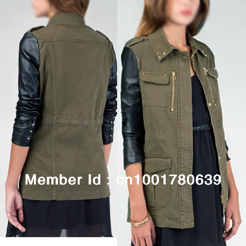 Free Shipping Hight Quality New Women's Military Green Contrast Faux Leather Sleeve stud Collar Jacket Coat Ladies Blazer