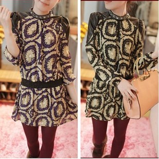 Free shipping Hold 2013 spring collar diamond slim leather patchwork chiffon one-piece dress female