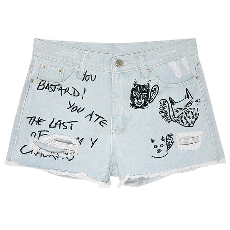 Free Shipping ! Hole Embroidery Cartoon, Letters Distrressed Water Wash Denim Shorts In High Waist Shorts For Women