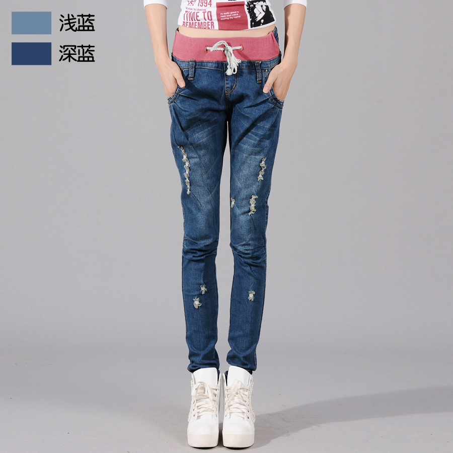 Free shipping Hole jeans trousers female casual pencil pants elastic waist loose multi-pocket