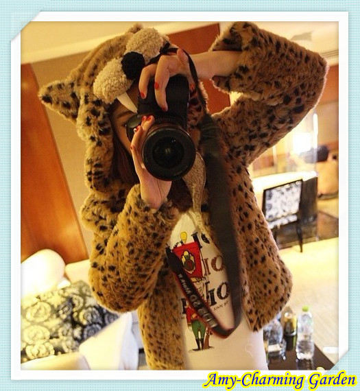 Free shipping Hooded ears fur coat special clearing the Faux Fur Leopard head leopard Plush Coat  # nwt004