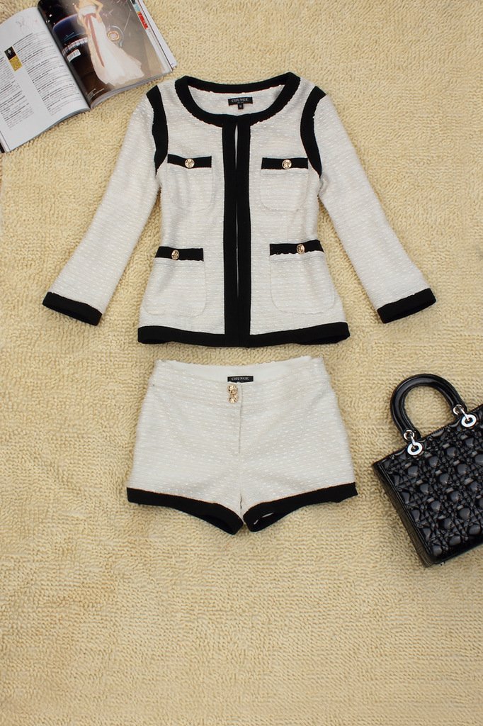 FREE SHIPPING Hot 2012 A/W Celebrity Fashion Women's White/Black Tweed Shorts Suits SS12421 Ladies Outwear +Shorts