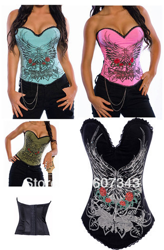 Free Shipping HOT Fashion 5 Colors New Womens Cool Fashion Hook Tattoo Wings Rose Underwear Corset Bustier