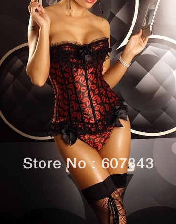 Free Shipping HOT Fashion Attractive Strapless Red Lips Print Women's Sexy Lace Up Lingerie Corset Bustier