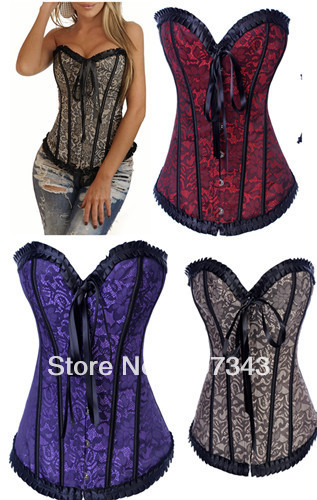 Free Shipping HOT Fashion Ladies Classic Satin Ribbon Lace Overlay Boned Dress Corset Bustier Sexy T-back