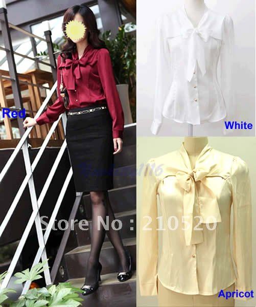 Free Shipping Hot Fashion Retro Women Lady Long Sleeve Bowknot Blouse Stand Collar Shirt Top Blouse