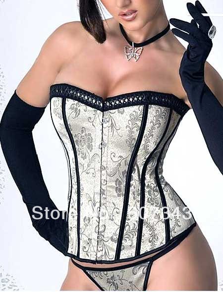 Free Shipping HOT Fashion Women's Beige Brocade Strapless Sexy Boned Bustier Corset Top & T-back Costume