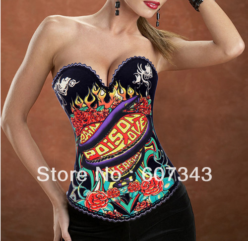 Free Shipping HOT Fashion Women's Black Snake Tattoo Hook Boned Burlesque Corset Clubwear Bustier Showgirl