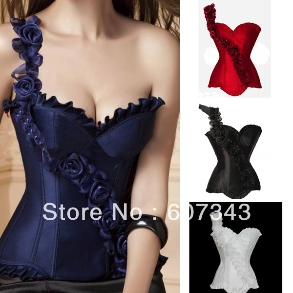 Free Shipping HOT Fashion Women's Elegant One Shoulder Satin Flower Deco Lingerie Bustier Corset Overbust