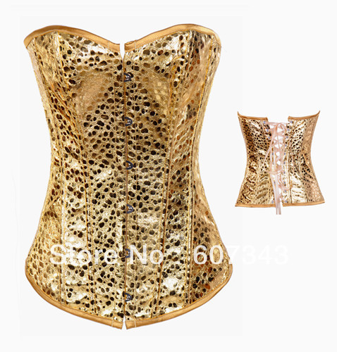 Free Shipping HOT Fashion Women's Golden Shining Basque Boned Showgirl Lingerie Corset Bustier with T-back