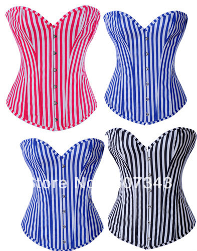 Free Shipping HOT Fashion Women's Sexy Strapless Pinstripe Uniform Lace Up Lingerie Corset/Bustier/Top