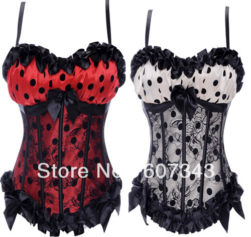 Free Shipping HOT Fashion Women's Sexy Vogue Polka Dot Lace Overlay Lingerie Dress Gown Top Corset Bustier