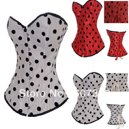 Free Shipping HOT Fashion Women's White/Red Sexy black Dots Lace Up Boned Corset Bustier Party Gown Basque