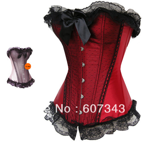 Free Shipping HOT Fashion Womens Stylish Seductive Lace Ribbon Boned Burlesque Bustier Corset Top + T-back