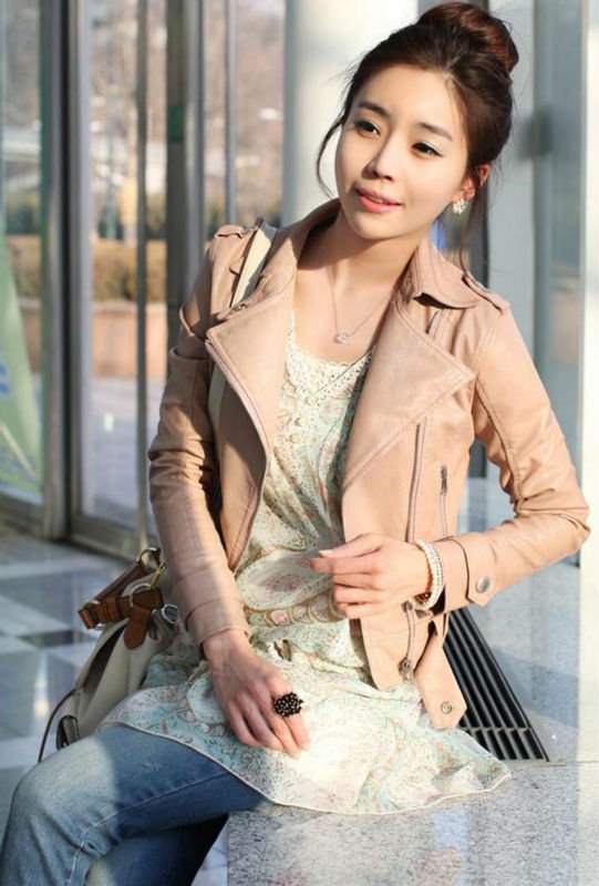 Free Shipping Hot Korea Womens Fashion PU Leather Jacket Stand Collar Lady's Outwear Coat Pink/Black