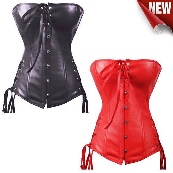 Free Shipping!! Hot Ladies LB1020 Waist Cincher Leather Long Slimming Overbust Corset Black / Red Plus Size