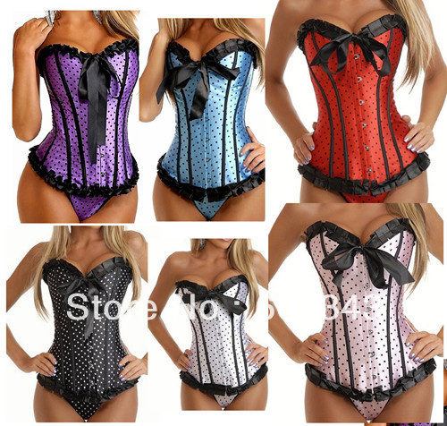 Free Shipping HOT Lady Lovely Polka Dot Satiin Ribbon Boned Bowknot Bustier Corset Top many colors