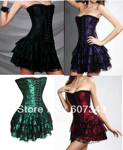 Free Shipping HOT NEW Women's Sexy Lace Overlay Boned Corset Bustier Costume Top & Skirt G-string