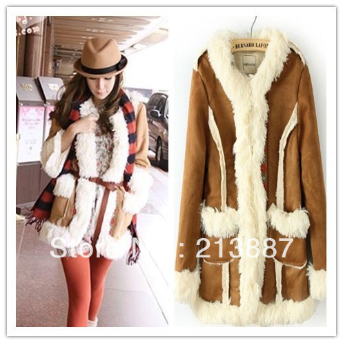 FREE SHIPPING  Hot pepper the same funds chamois leather woolen embroidery flower the lambs wool coat