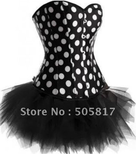 Free shipping  HOT ploka dot satin corset party costume+ black Mini TUTU Skirt Sexy lady bustier shaper black white QM071T