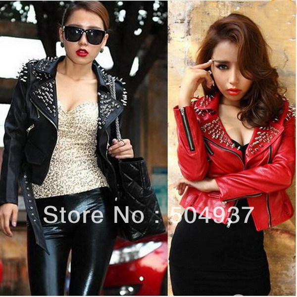 Free Shipping Hot Popular Motorcycle Women Rock Punk Rivets Studded PU Leather Blazer Zipper Jacket Coat