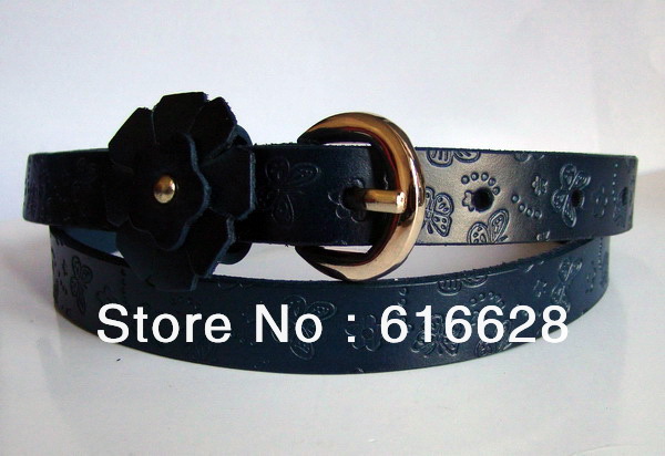 Free shipping hot sale 0.7'' women's fashion 100% real leather belts with gold buckle and flower loop-wholesale/retail