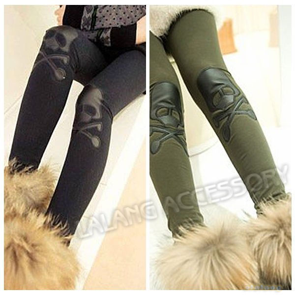 Free Shipping +Hot Sale 1 piece/lot Cotton Blends Skull Pattern Leggings Fashion Women's Leather Tights Pants 2 Colors 650825