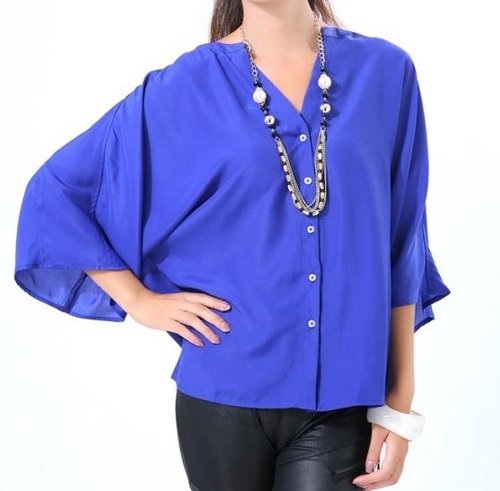 free shipping hot sale 2012 new 4 size XS-L Women blouse fashion blue chiffon Batwing loose button shirt tunic top HY42