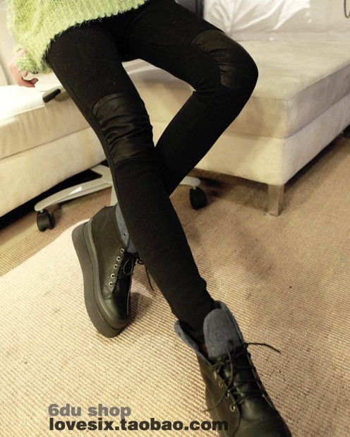 Free shipping hot sale 2012 new arrival women's autumn winter fashion leather knee patchwork legging black lady leggings s1190