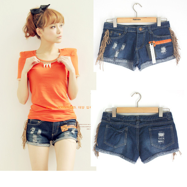 Free Shipping hot sale, 2012 summer deerskin tassel distrressed retro finishing roll up hem denim shorts pants MY09978SK