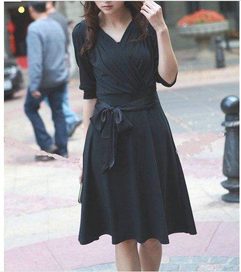 free shipping hot sale fashion big size mid sleeve silk cotton OL style deep v neck women's  dress  women's  elegant  dress