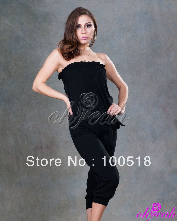 Free Shipping hot sale fashion city women black casual one pieces off shoulder rompers R73271 with belt