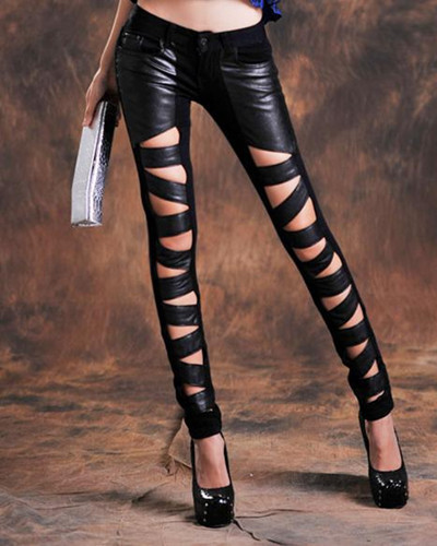 Free Shipping Hot Sale Fashion Faux Leather Leggings Bandage Pants Skinny Ladies Tights