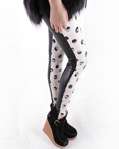 Free Shipping Hot Sale Fashion Faux Leather Leggings Colorblock Printed Tights Slim Womens Pants