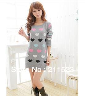 Free shipping+Hot sale!!! Fashion Heart print women knitted sweaters, o-neck long pullovers sweater for women, Beige/Pink/Grey