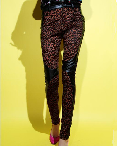 Free Shipping Hot Sale Fashion Leopard Jeans Faux Leather Panels Leggings Skinny Pencil Pants Tights