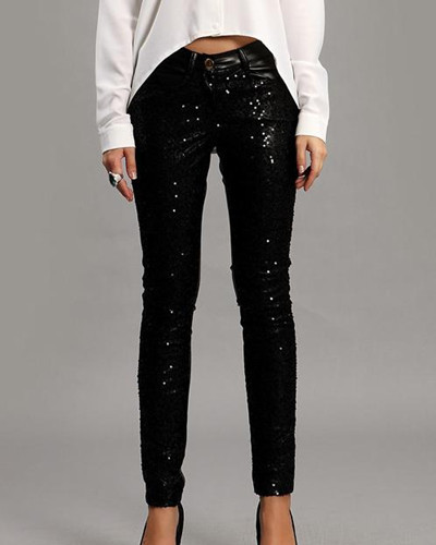 Free Shipping Hot Sale Fashion Sequin Leggings Black Faux Leather Tights Skinny Pants