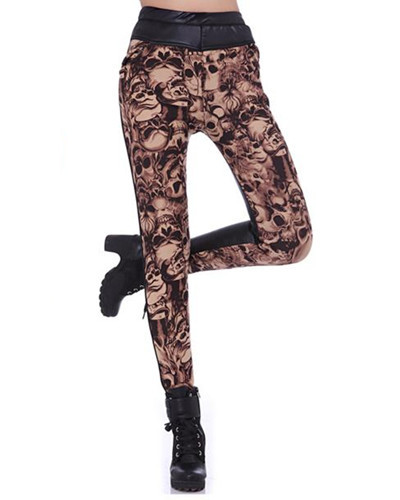 Free Shipping Hot Sale Fashion Skull Printed Faux Leather Leggings Women Pants Skinny Tights