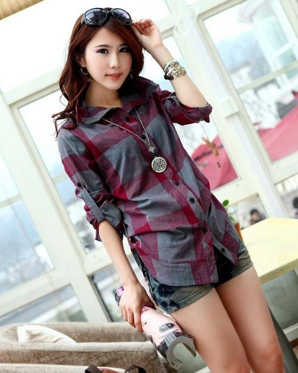 Free shipping! Hot sale! Fashion women top casual loose plaid shirt L1036726032