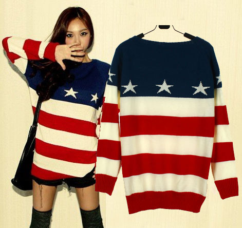 Free Shipping Hot Sale, Five-pointed stars Red Blue Stripe Fashion Loose Sweater, Couple Sweaters for Women SS20668MY