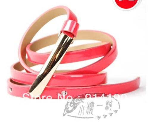 Free shipping Hot-sale high-quality Women Gold Toned Buckle Patent Leather Skinny ladies belts aBT-A159a with 11 colors